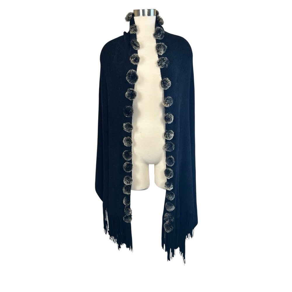 Pelle Nova Di Riviera Rabbit Fur Pom Pom Fringe Shawl Wrap OS Black